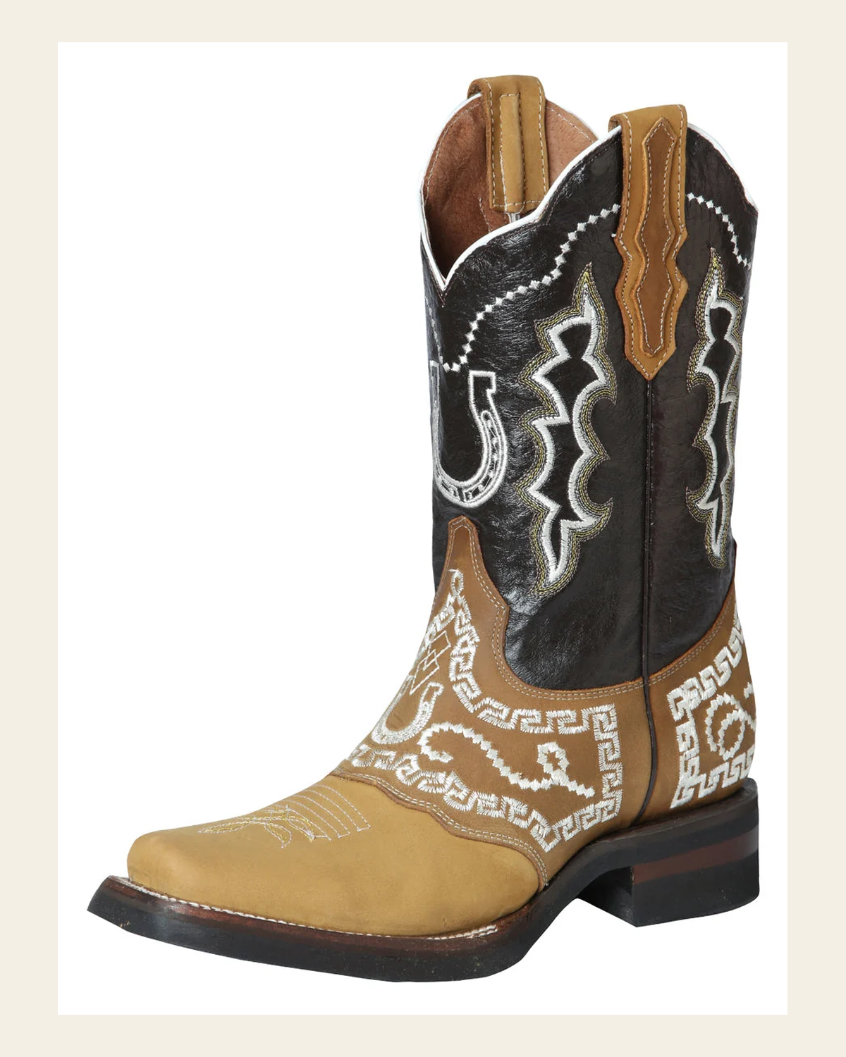 El General Rodeo Boot - Nobuck Honey with Embroidery 51111 on a warm cream background