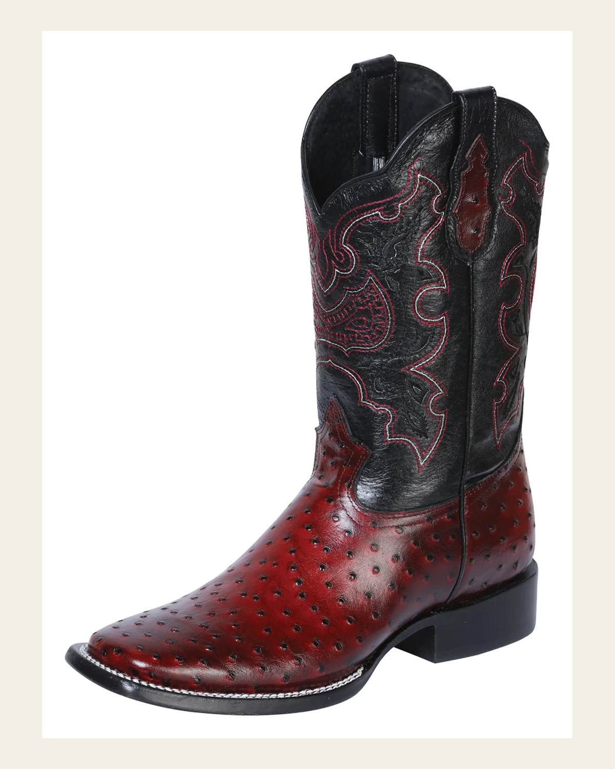 El General Men's Leather Cowboy Boot - Made in Mexico - Embossed Ostrich Black Cherry 41901 on a warm cream background