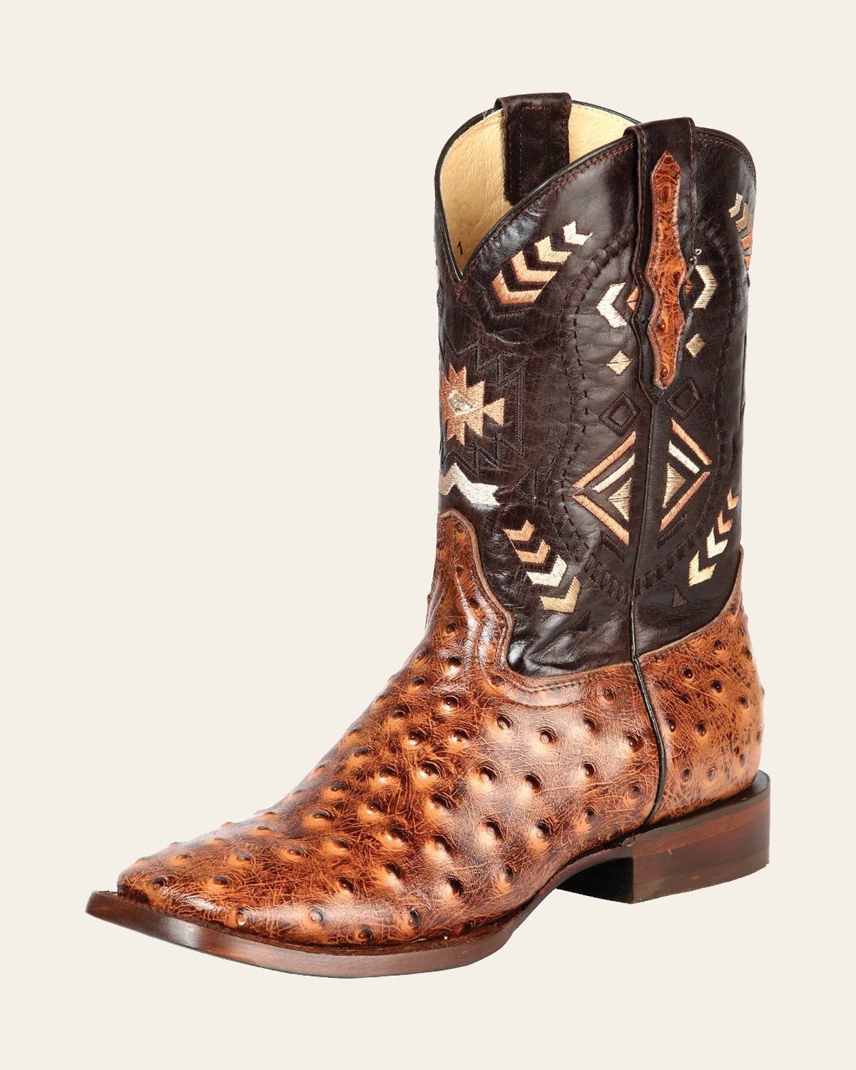 El General Men's Leather Cowboy Boot - Printed Ostrich Shedron 51239 on a warm cream background