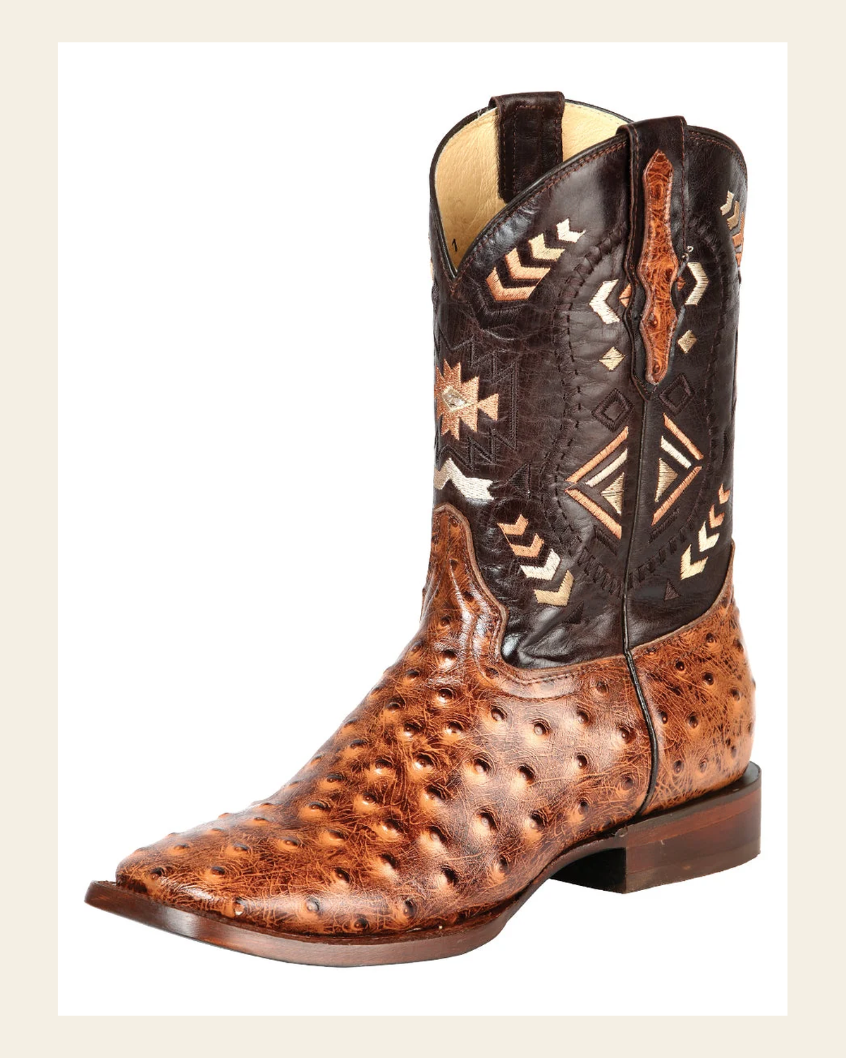 El General Men's Leather Cowboy Boot - Printed Ostrich Shedron 51239 on a warm cream background