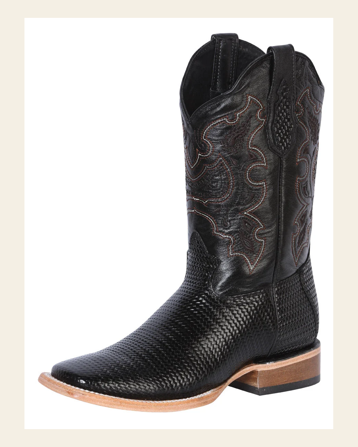El General Men's Leather Cowboy Boot - Made in Mexico - Embossed Lizard Print - Black 41790 on a warm cream background