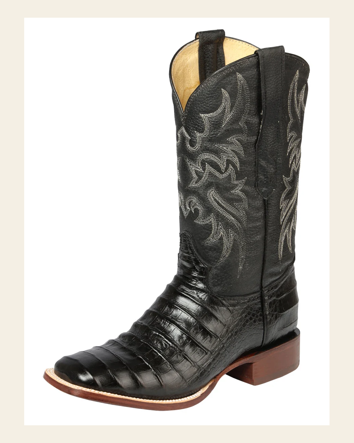 El General Men’s Leather Cowboy Boot - Made in Mexico - Embossed Caiman Belly Print - Black 44938 on a warm cream background