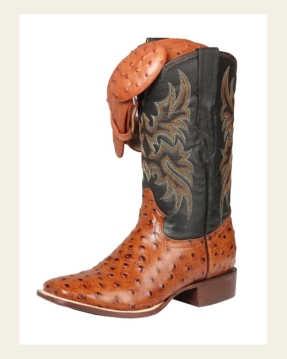 Men's Leather Cowboy Boots - Made in Mexico - Embossed Cogñac Ostrich 44936 on a warm cream background