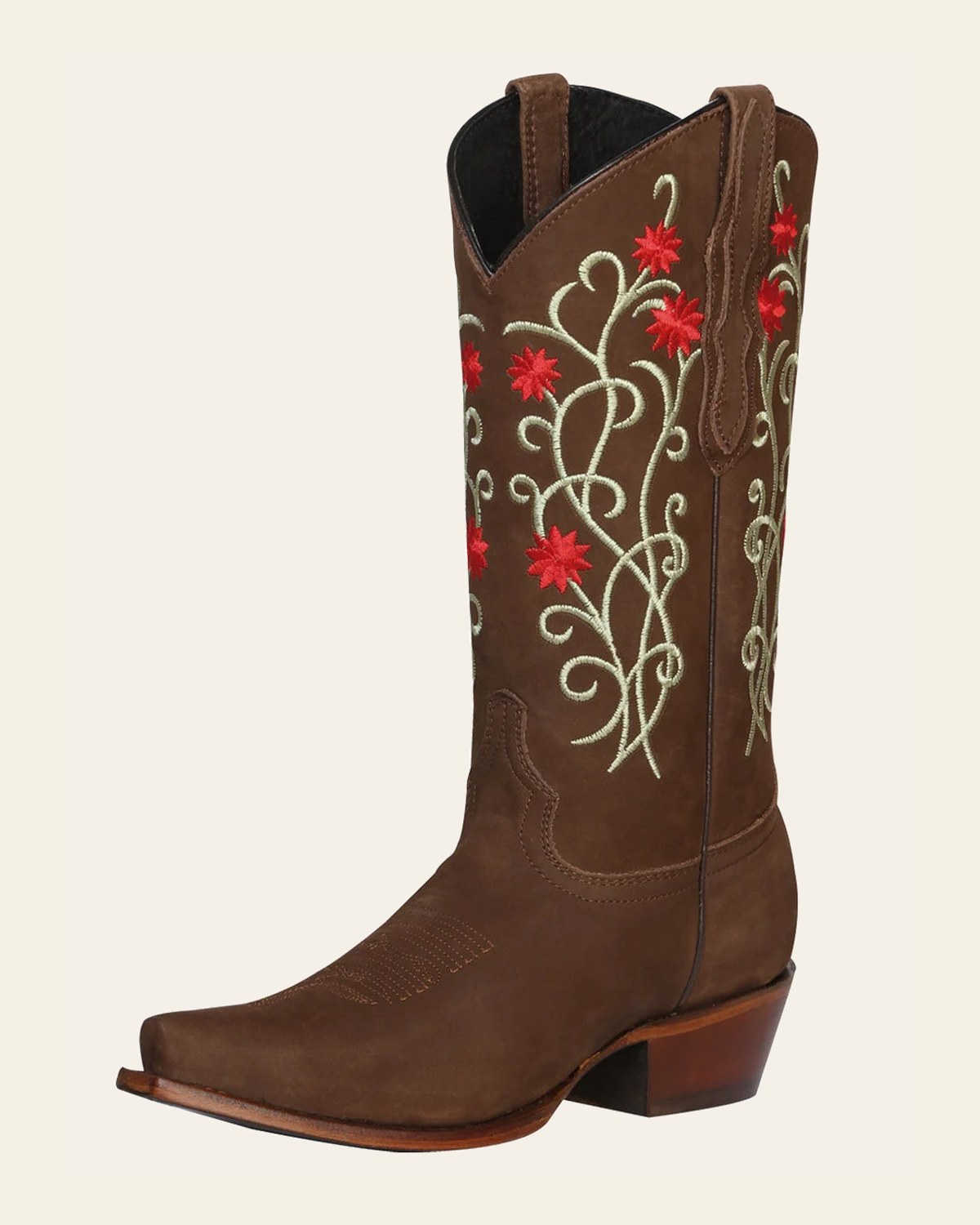 El General Women's Leather Western Cowboy Boot - Nubuck Brown 41789 on a warm cream background