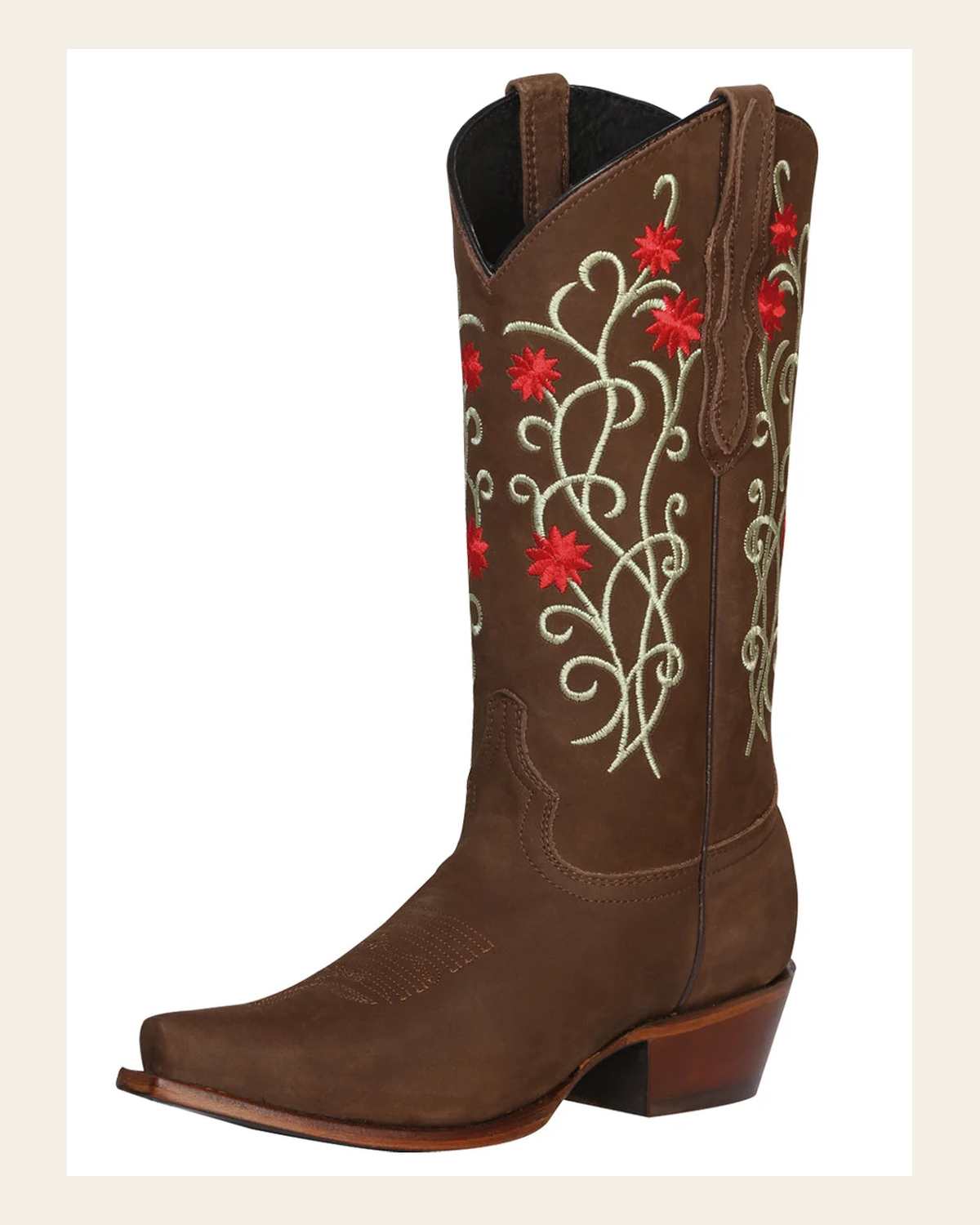 El General Women's Leather Western Cowboy Boot - Nubuck Brown 41789 on a warm cream background