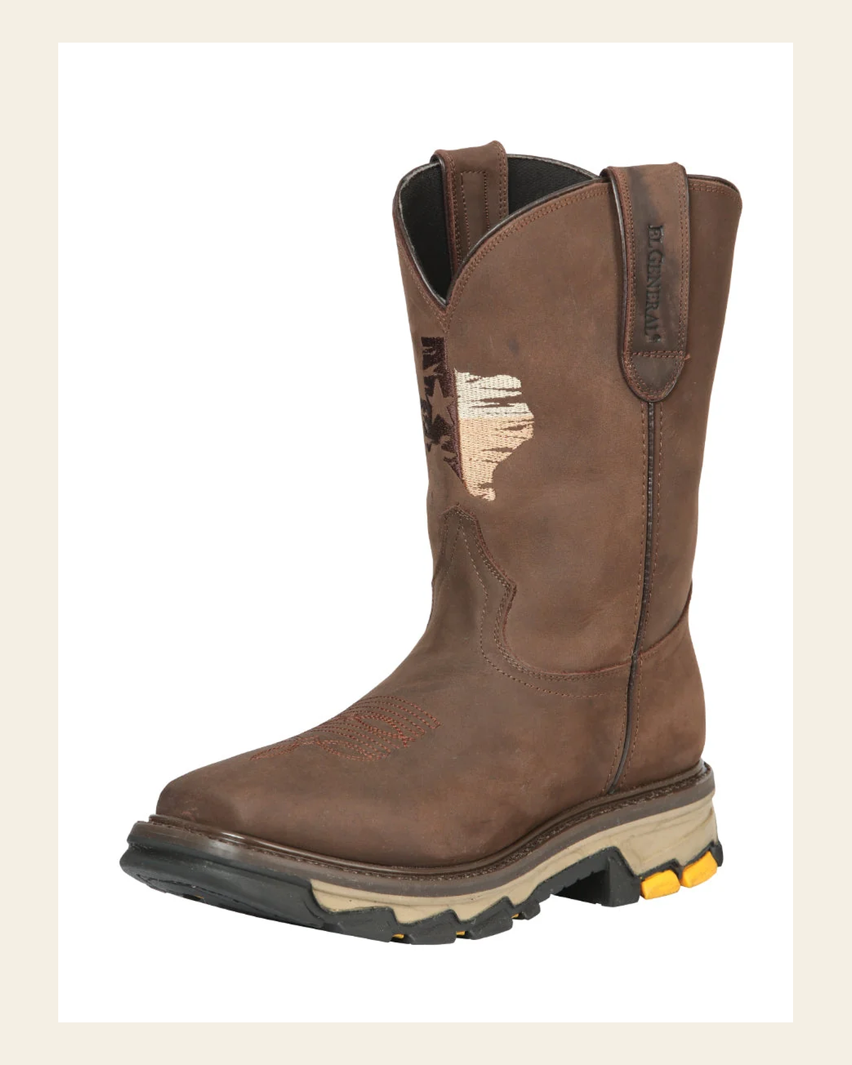 El General Men's Leather Work Boot with Texas Flag - Crazy Cafe Brown 44696 on a warm cream background