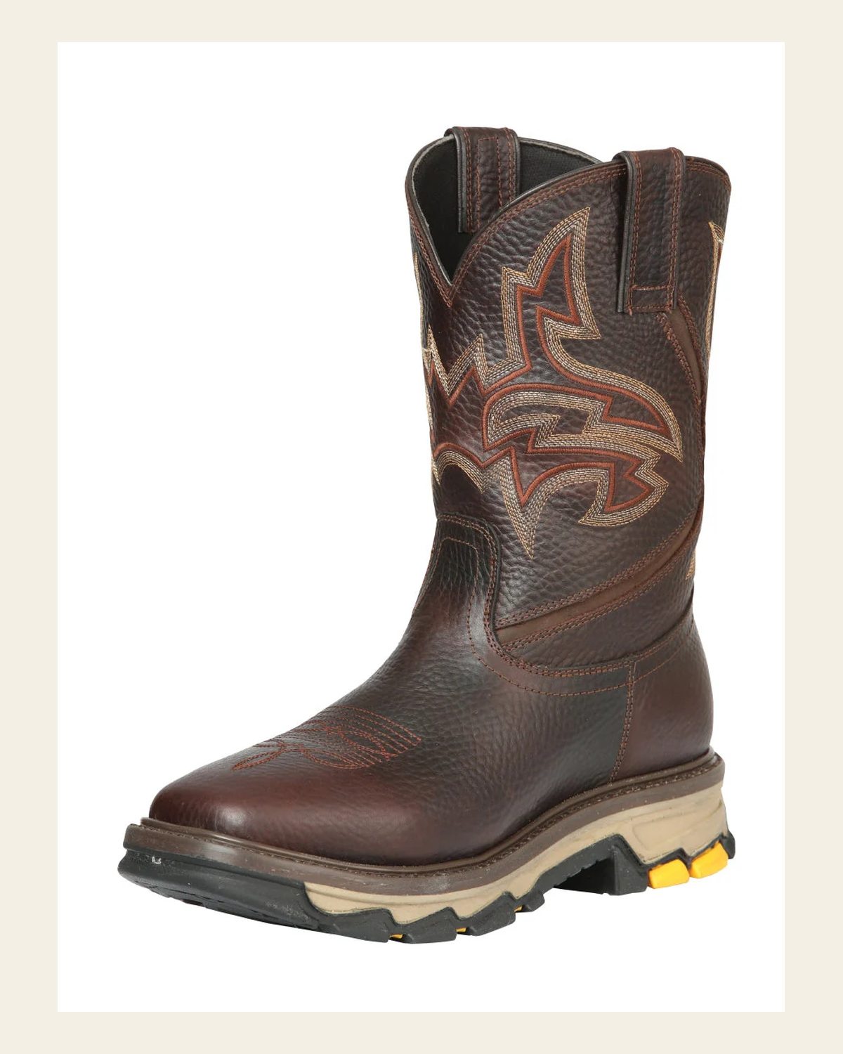 El General Men's Leather Work Boot - Made in Mexico - Bull Fight Cafe Brown 44692 on a warm cream background