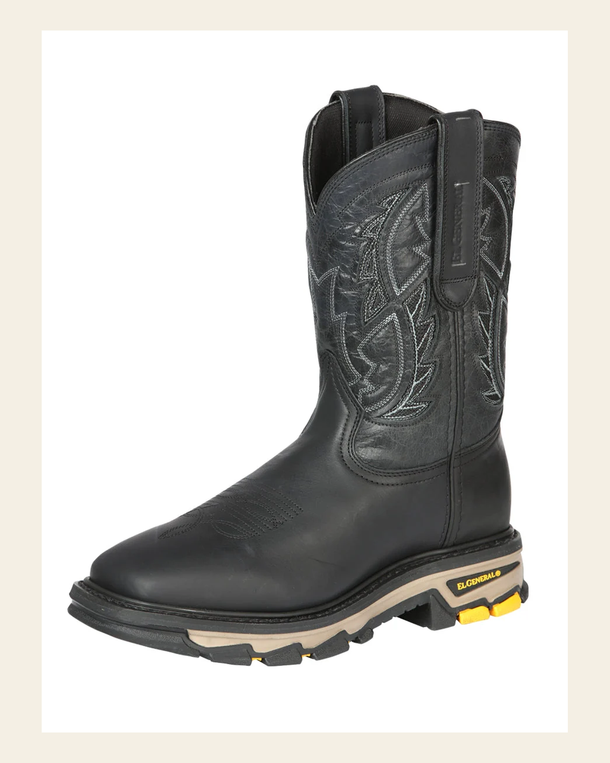El General Men's Leather Work Boot - Made in Mexico - Crazy Black 44694 on a warm cream background