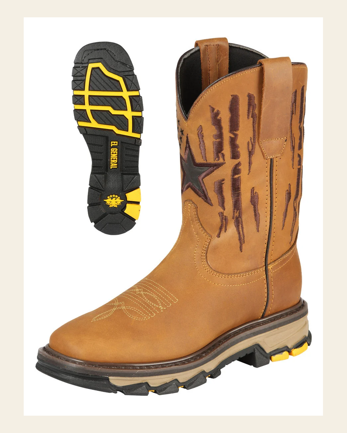El General Men's Leather Work Boot - Made in Mexico - Crazy Miel Honey 44690 on a warm cream background