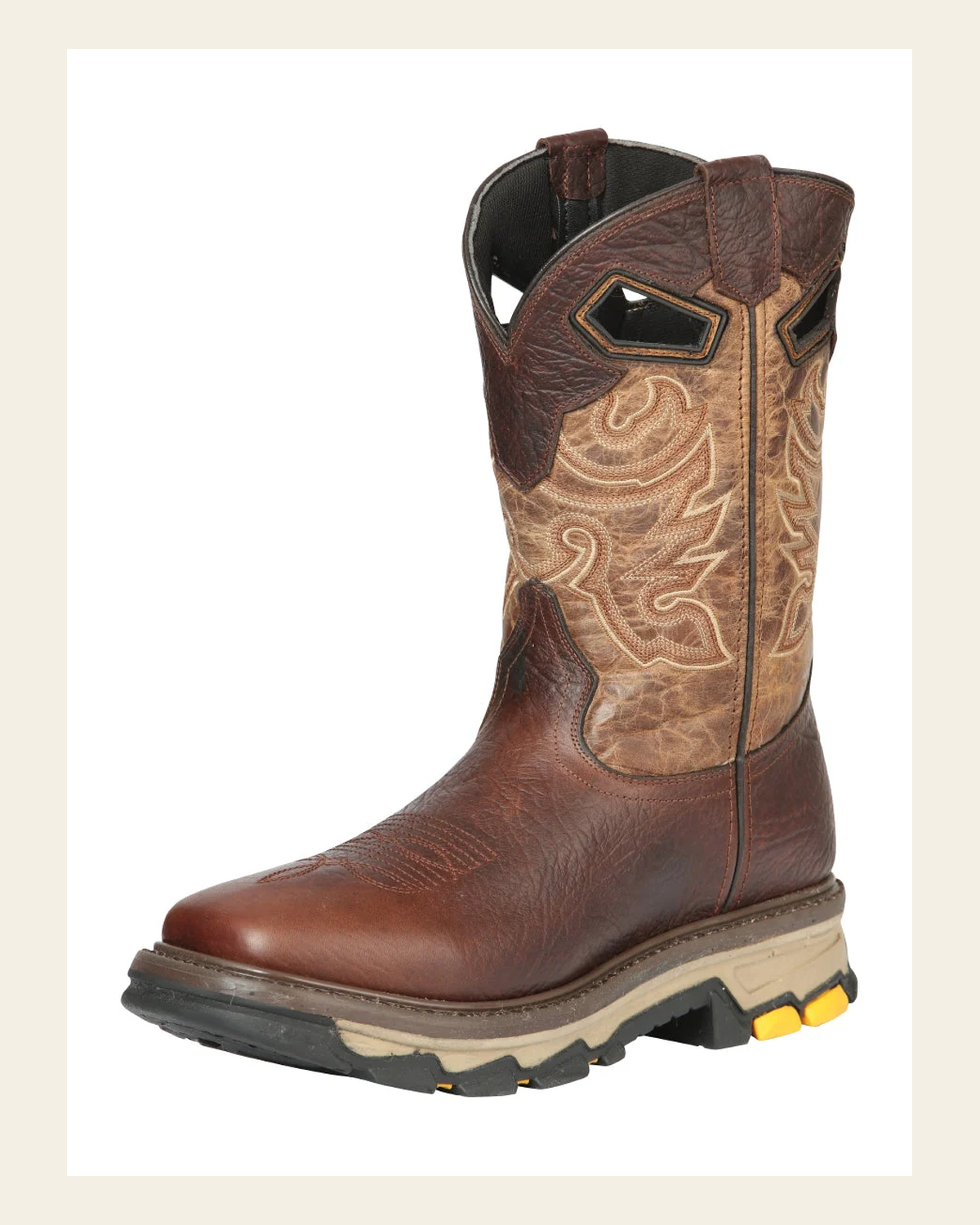 El General Men's Bull Shoulder Leather Work Boot - Made in Mexico - Piel Shoulder Brown 44685 on a warm cream background
