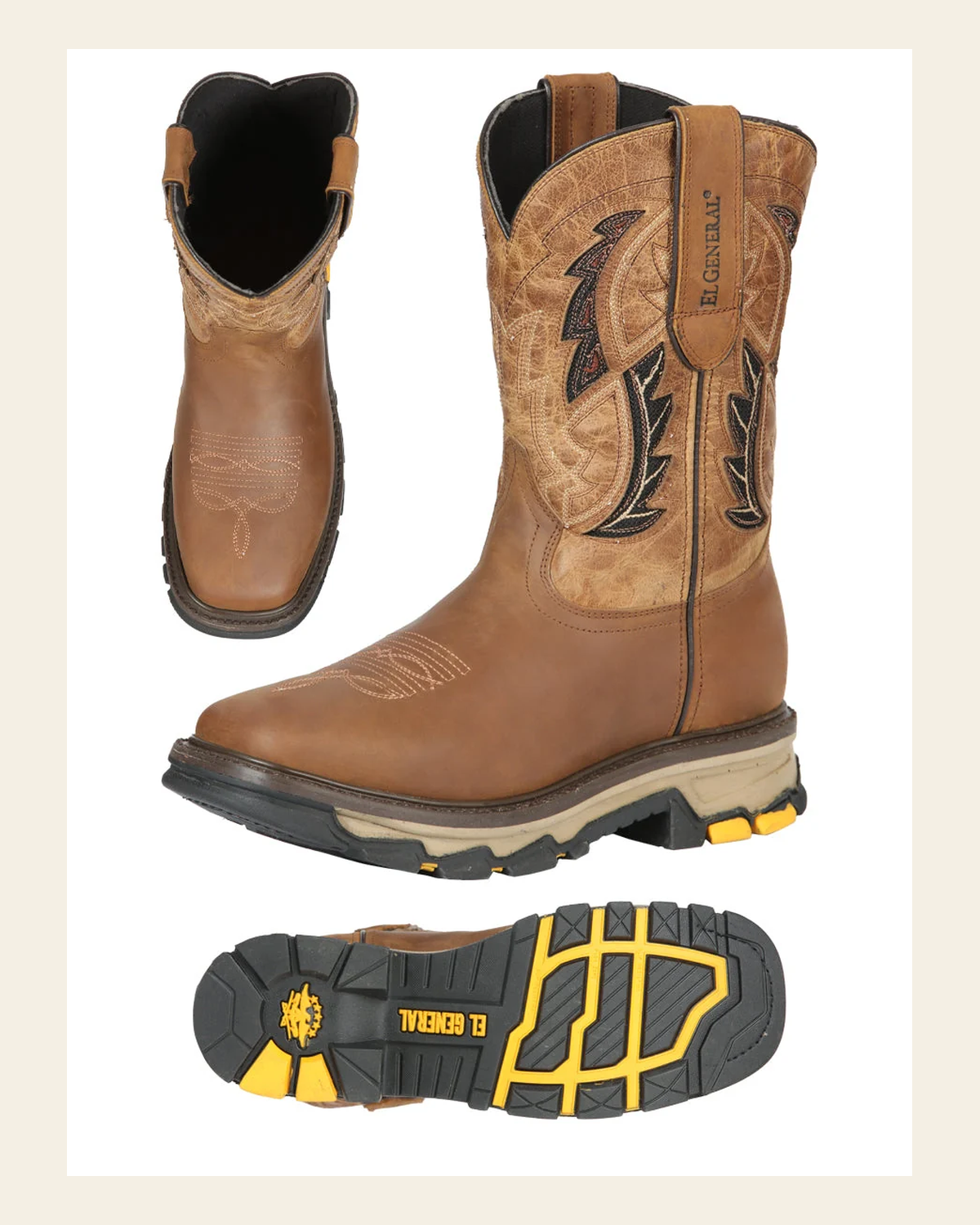 El General Men's Leather Work Boot - Made in Mexico - Honey Brown 44693 on a warm cream background