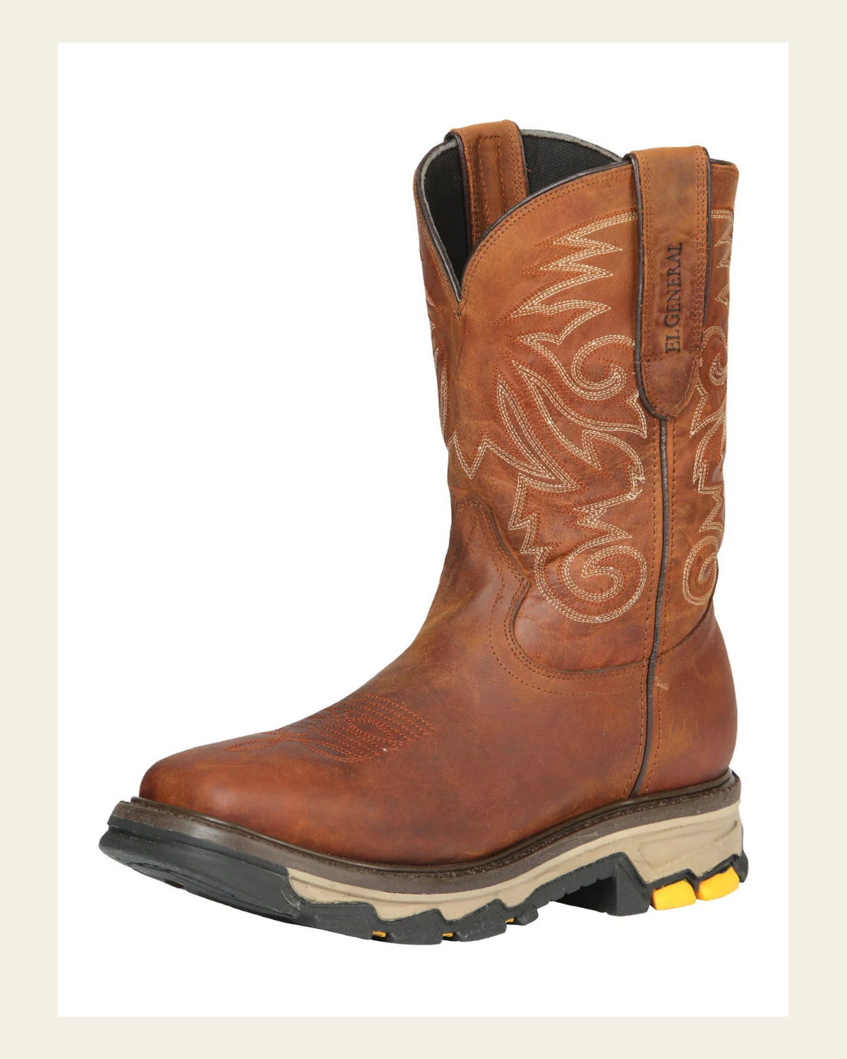 El General Men's Leather Work Boot - Made in Mexico - Wisky Brown 44695 on a warm cream background