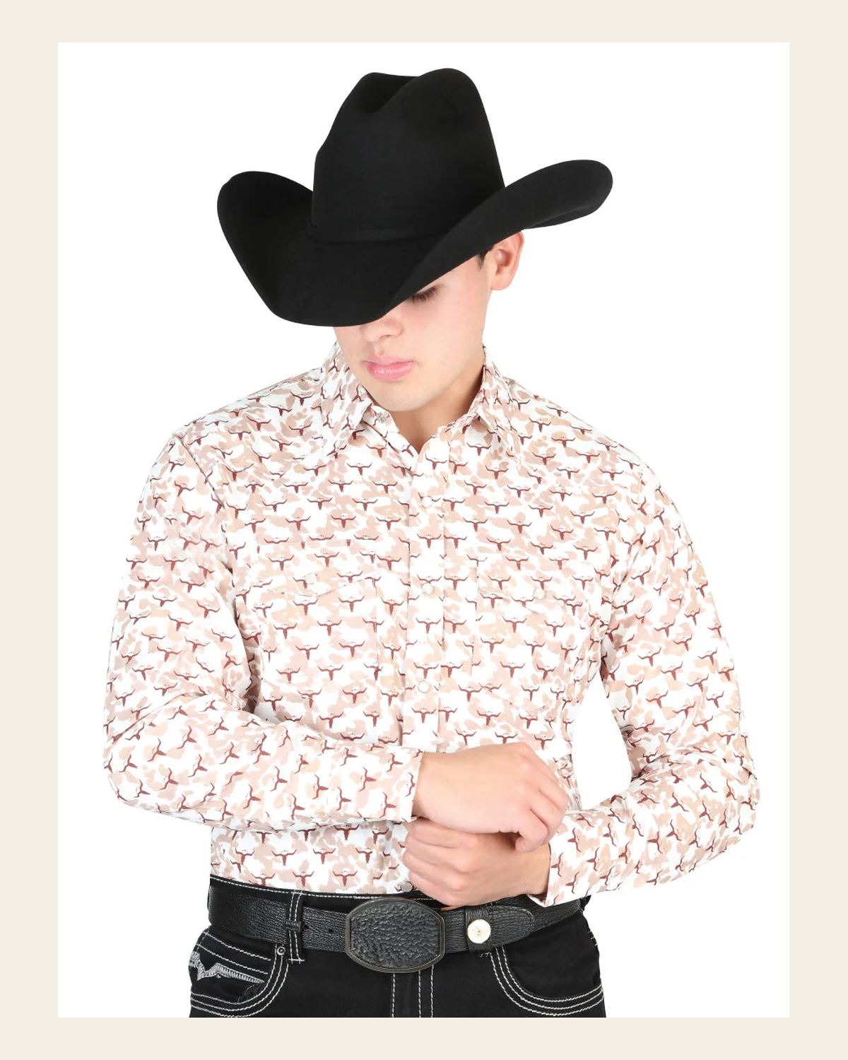 Men's Long Sleeve Western Fashion Snap Button Shirt - Beige 44303 on a warm cream background