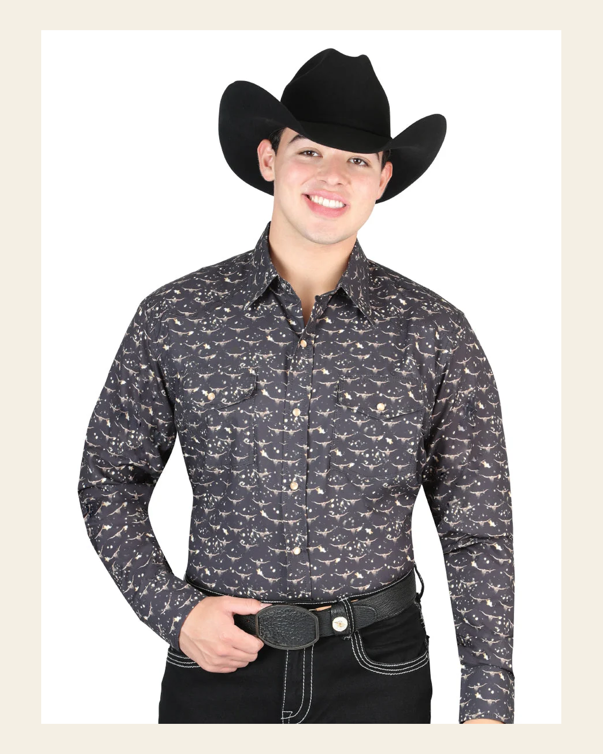 El General Men's Long Sleeve Western Fashion Snap Button Shirt - Black 44309 on a warm cream background