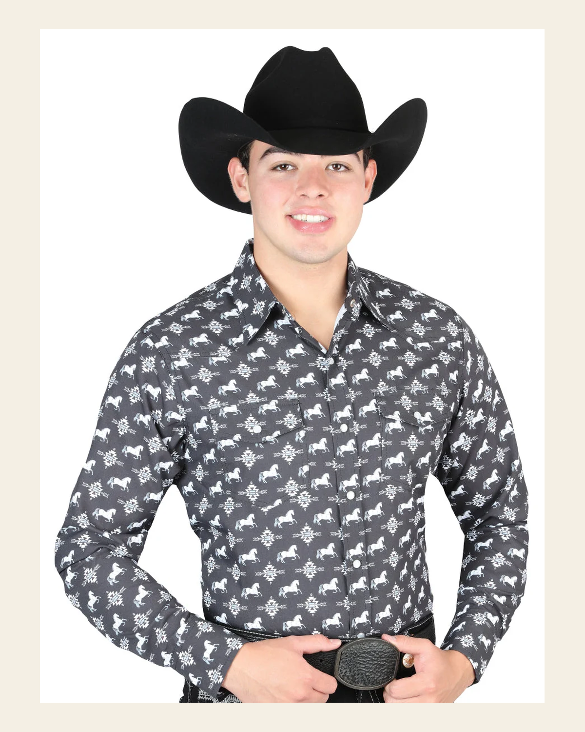 El General Men's Long Sleeve Western Fashion Snap Button Shirt - Black 44320 on a warm cream background