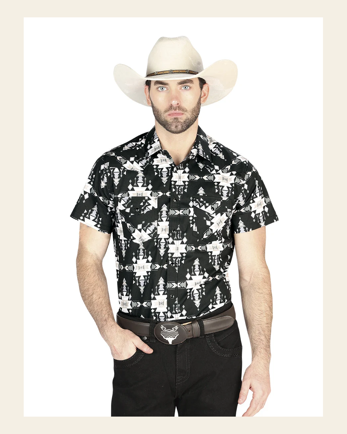 El General Western Shirt - Black 44447 on a warm cream background