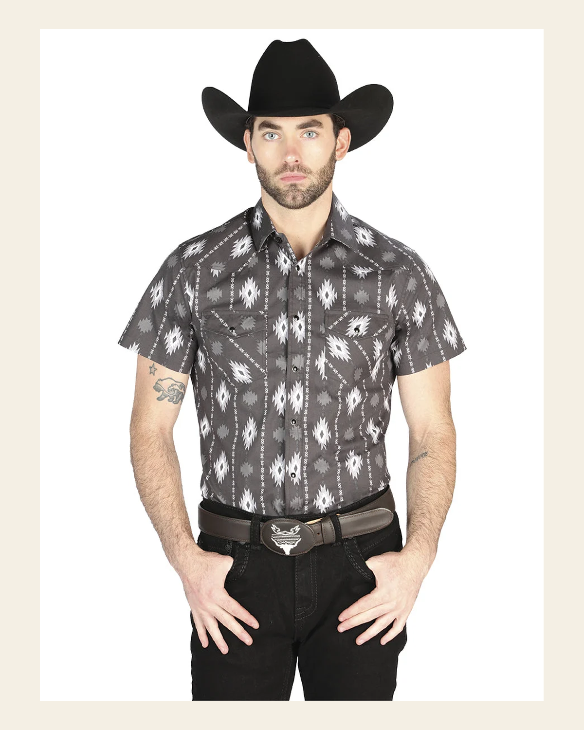 El General Western Shirt - Black 44462 on a warm cream background