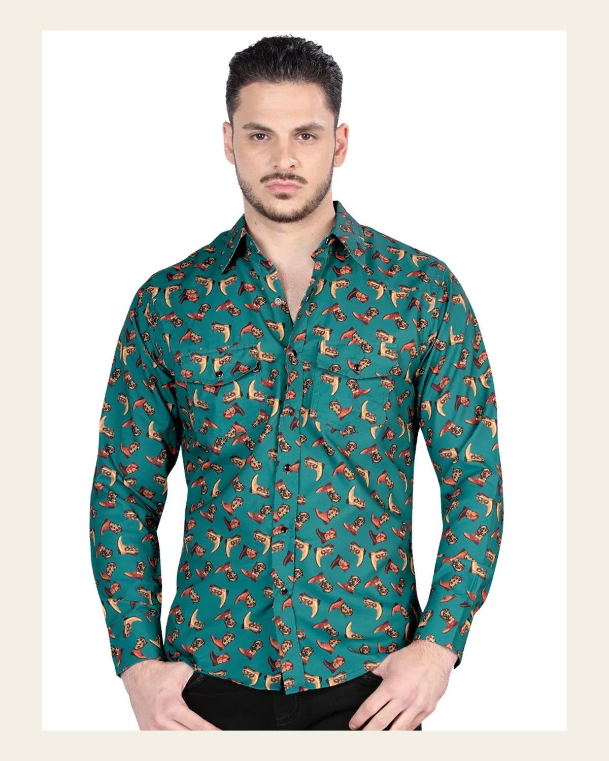 El General Men's Long Sleeve Western Fashion Snap Button Shirt - Green 44319 on a warm cream background