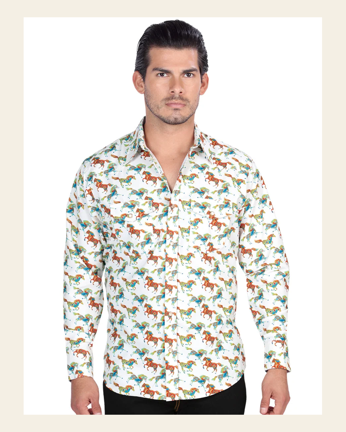 El General Men's Long Sleeve Western Fashion Snap Button Shirt - White 44313 on a warm cream background