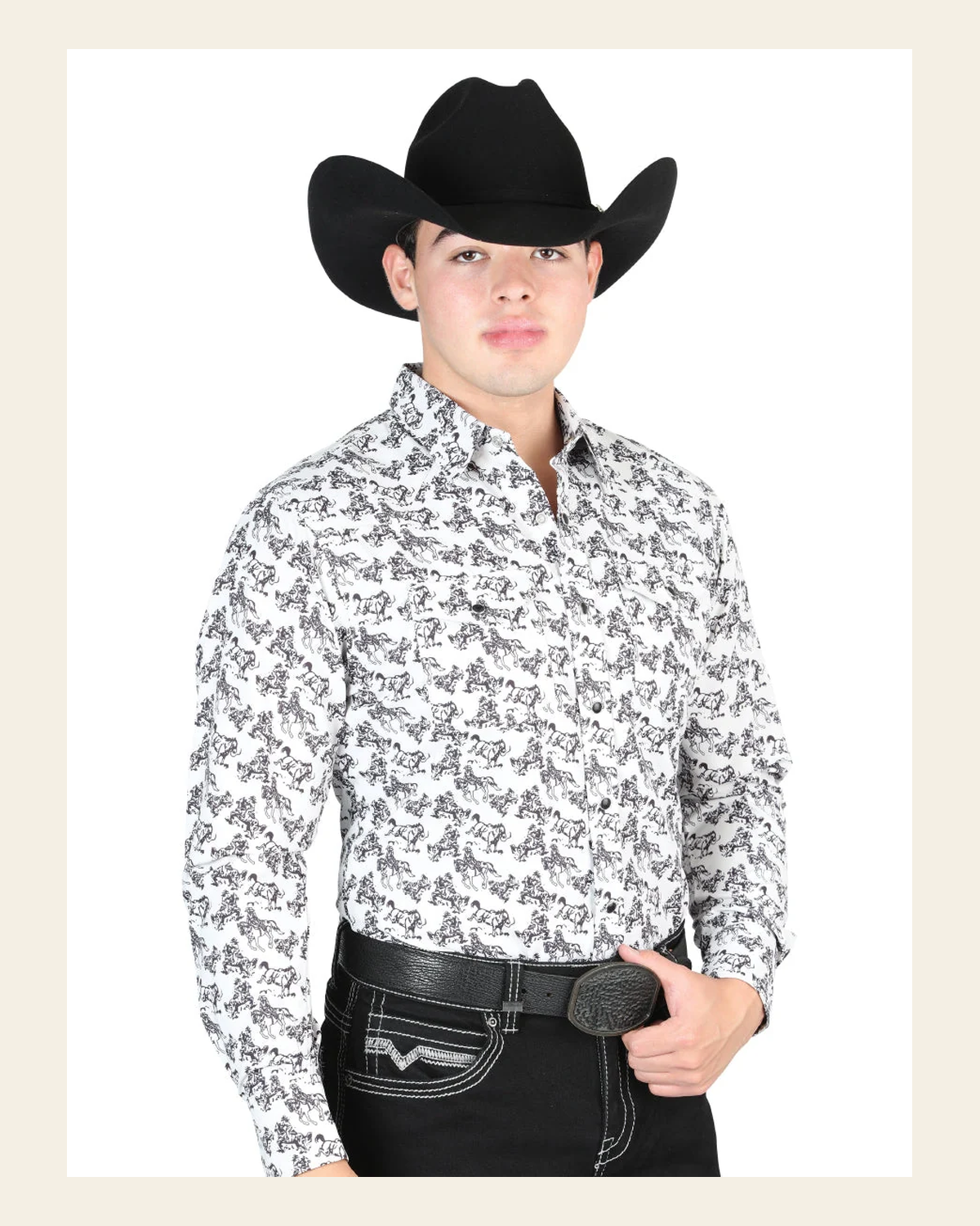El General Men's Long Sleeve Western Fashion Snap Button Shirt - White/Grey 44325 on a warm cream background
