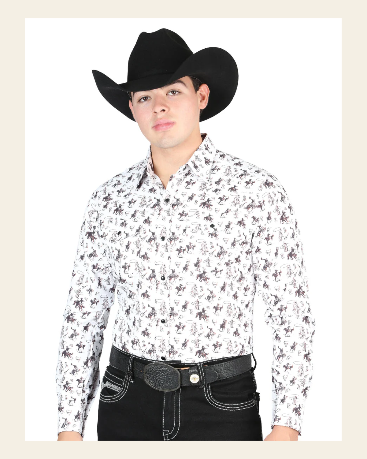 El General Men's Long Sleeve Western Fashion Snap Button Shirt - White/Multi 44327 on a warm cream background