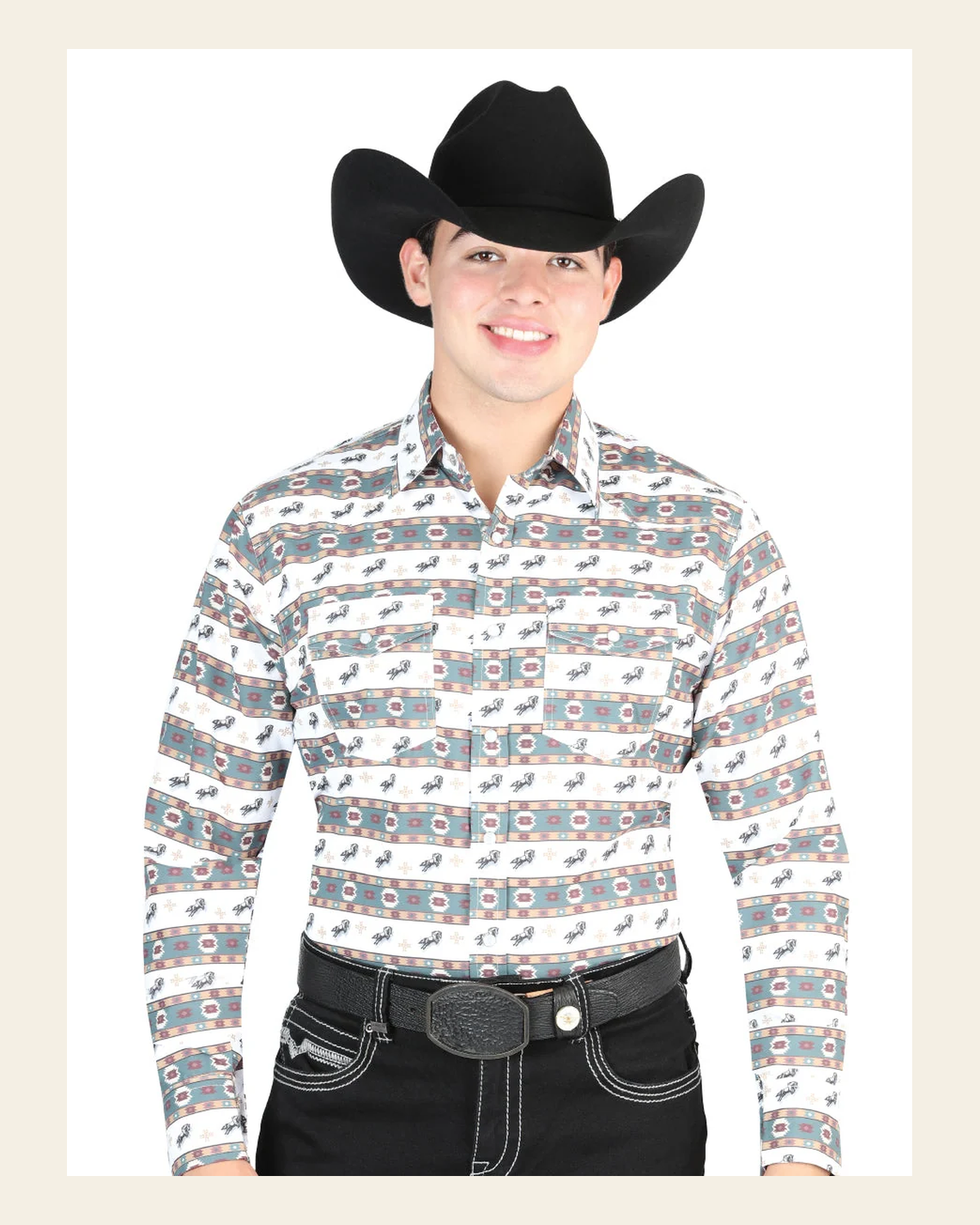 El General Men's Long Sleeve Western Fashion Snap Button Shirt - White/Green 44322 on a warm cream background