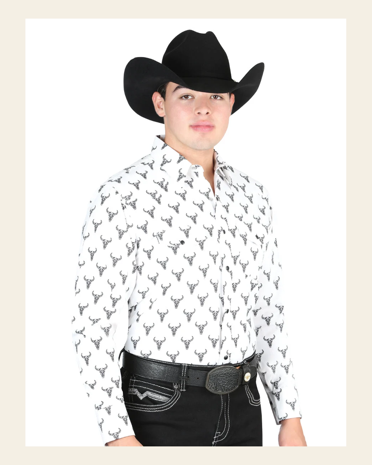 El General Men's Long Sleeve Western Fashion Snap Button Shirt - White 44305 on a warm cream background