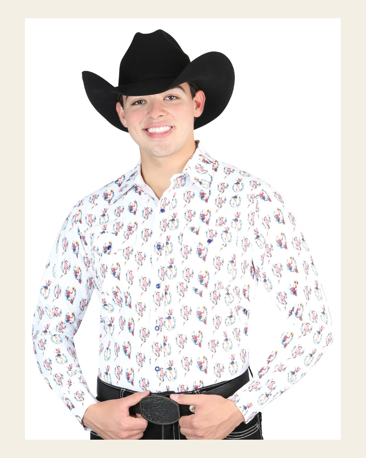 El General Men's Long Sleeve Western Fashion Snap Button Shirt - White 44318 on a warm cream background