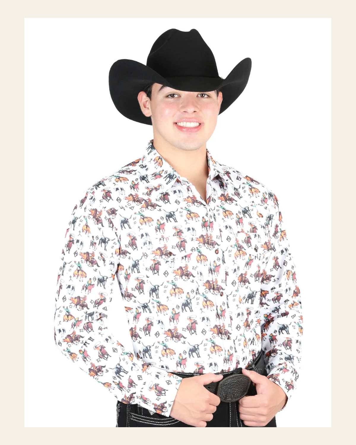 El General Men's Long Sleeve Western Fashion Snap Button Shirt - White 44326 on a warm cream background