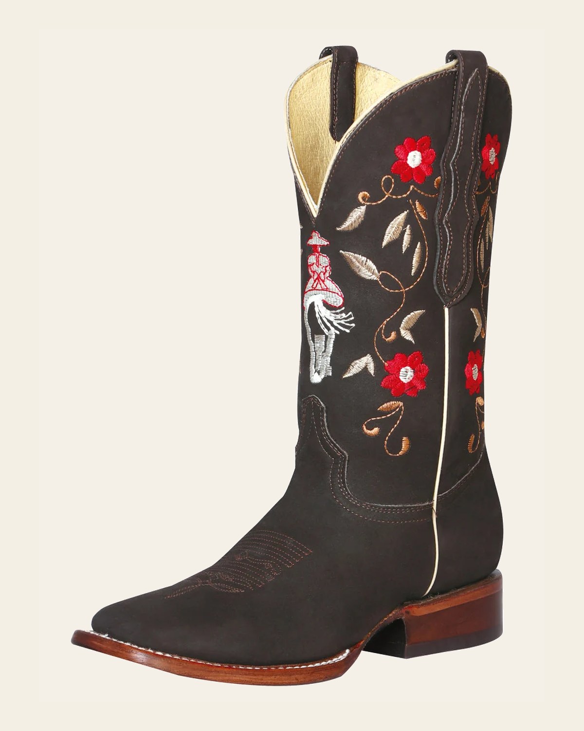 El General Women's Leather Western Cowboy Boot - Nubuck Dark Brown 42974 on a warm cream background