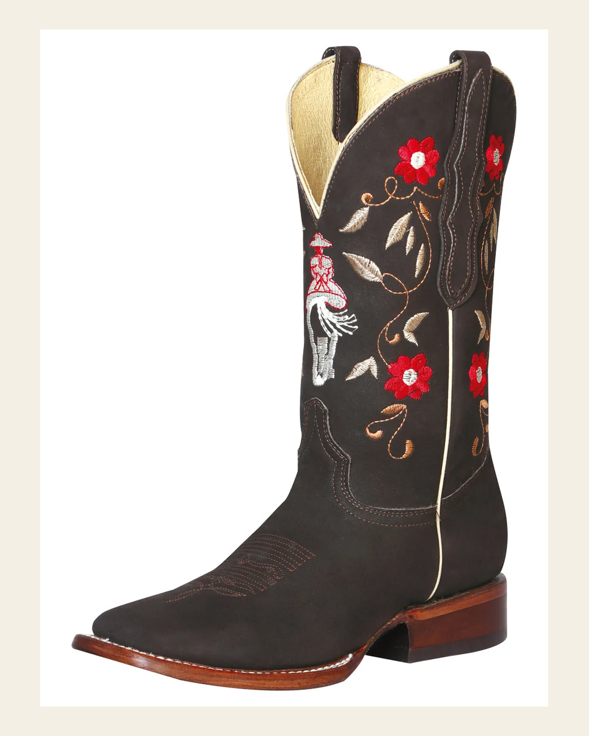 El General Women's Leather Western Cowboy Boot - Nubuck Dark Brown 42974 on a warm cream background