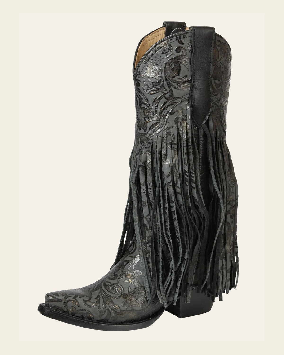 El General Women’s Floral Embossed Fringe Western Boots - Black 45796 on a warm cream background