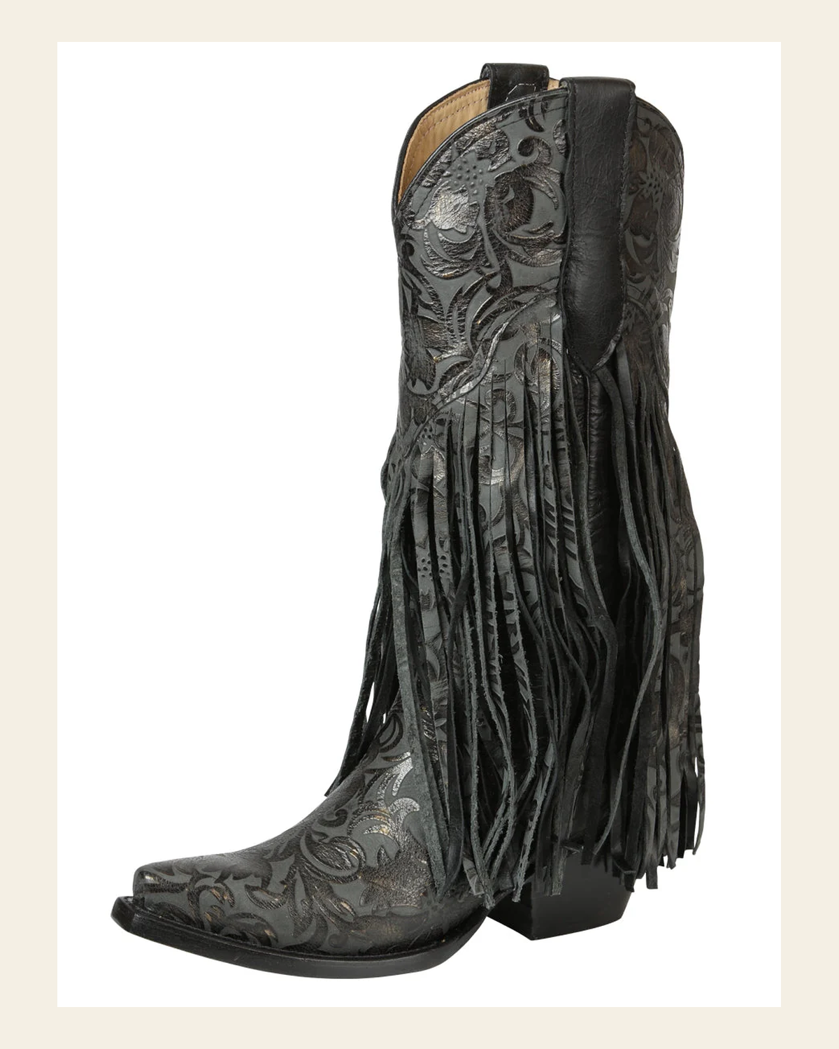 El General Women’s Floral Embossed Fringe Western Boots - Black 45796 on a warm cream background
