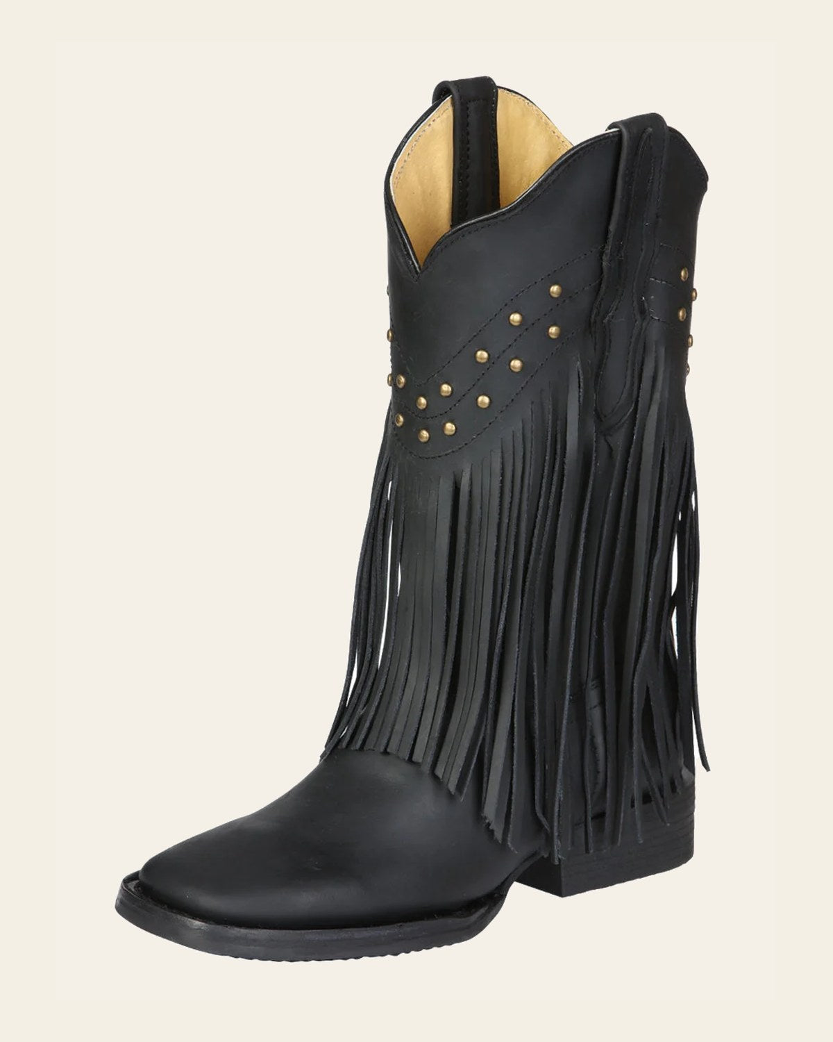 El General Women’s Leather Fringe Western Boots - Made in Mexico - Black 45798 on a warm cream background