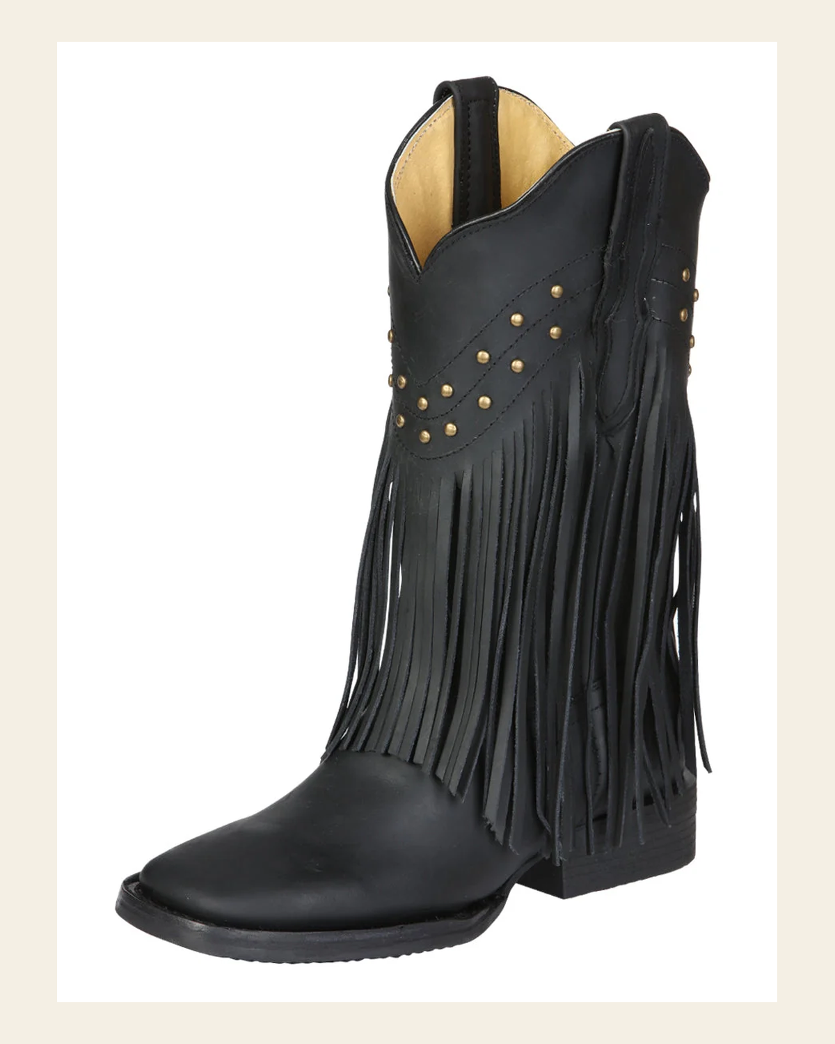 El General Women’s Leather Fringe Western Boots - Made in Mexico - Black 45798 on a warm cream background