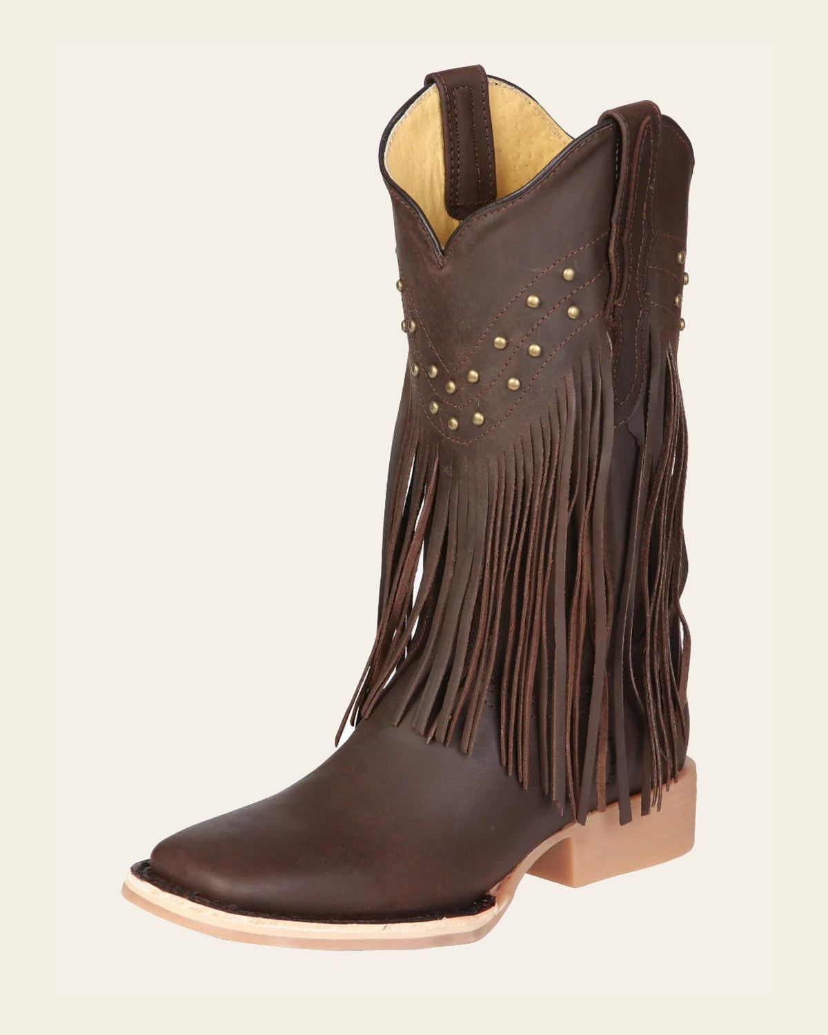El General Women’s Leather Fringe Western Boots - Made in Mexico - Brown 45800 on a warm cream background