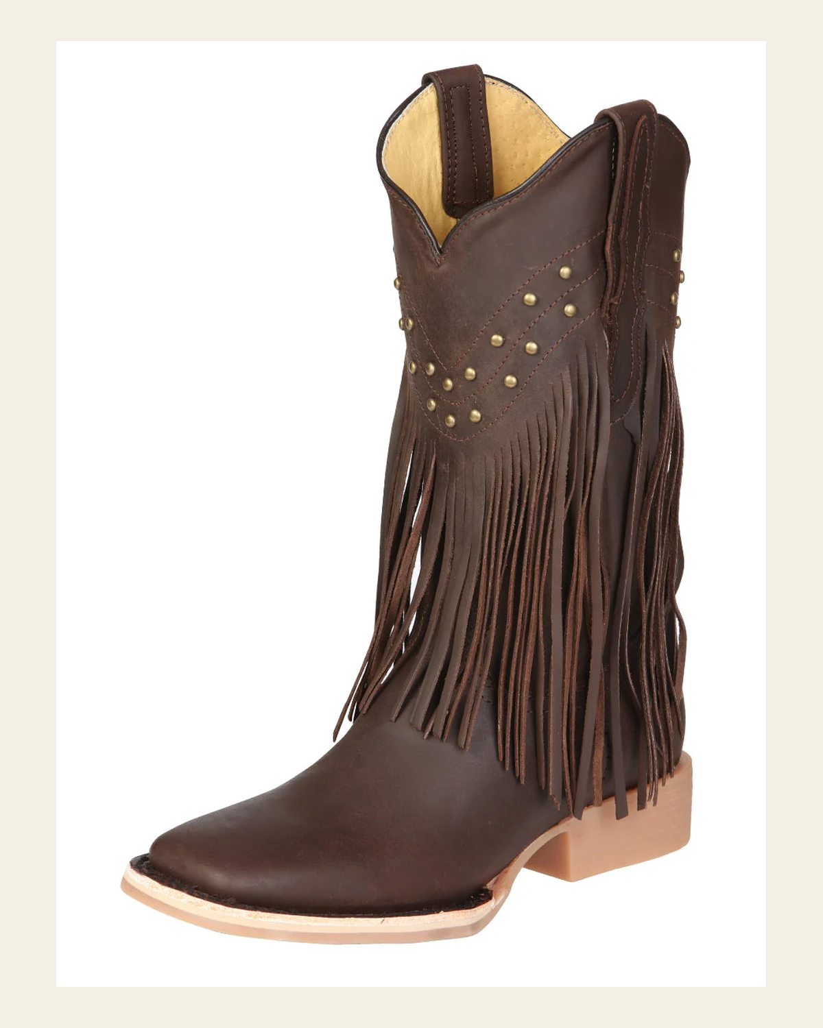 El General Women’s Leather Fringe Western Boots - Made in Mexico - Brown 45800 on a warm cream background