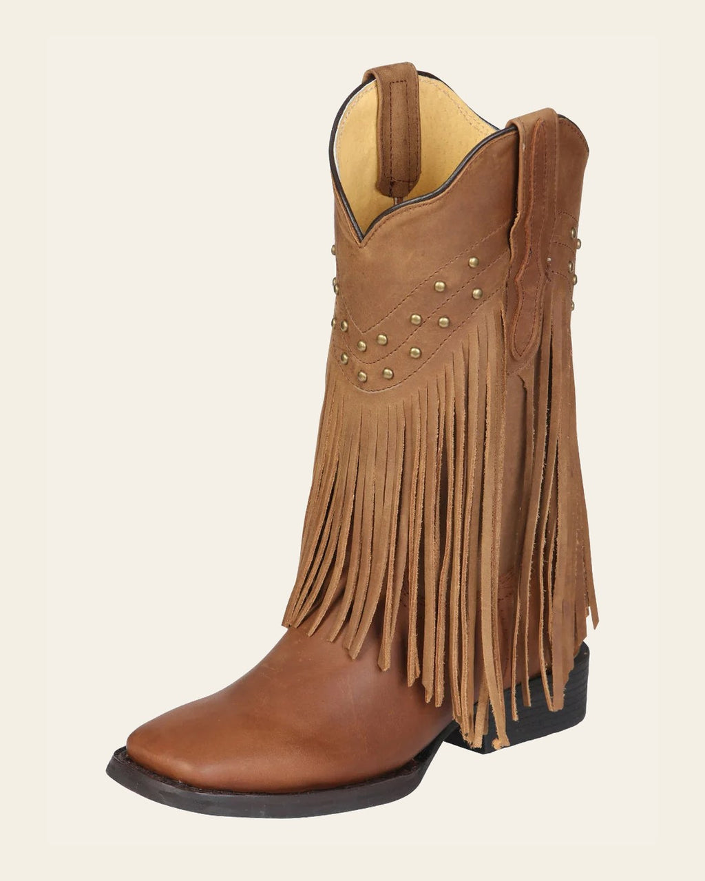 El General Women’s Leather Fringe Western Boots - Made in Mexico - Honey 45799 on a warm cream background