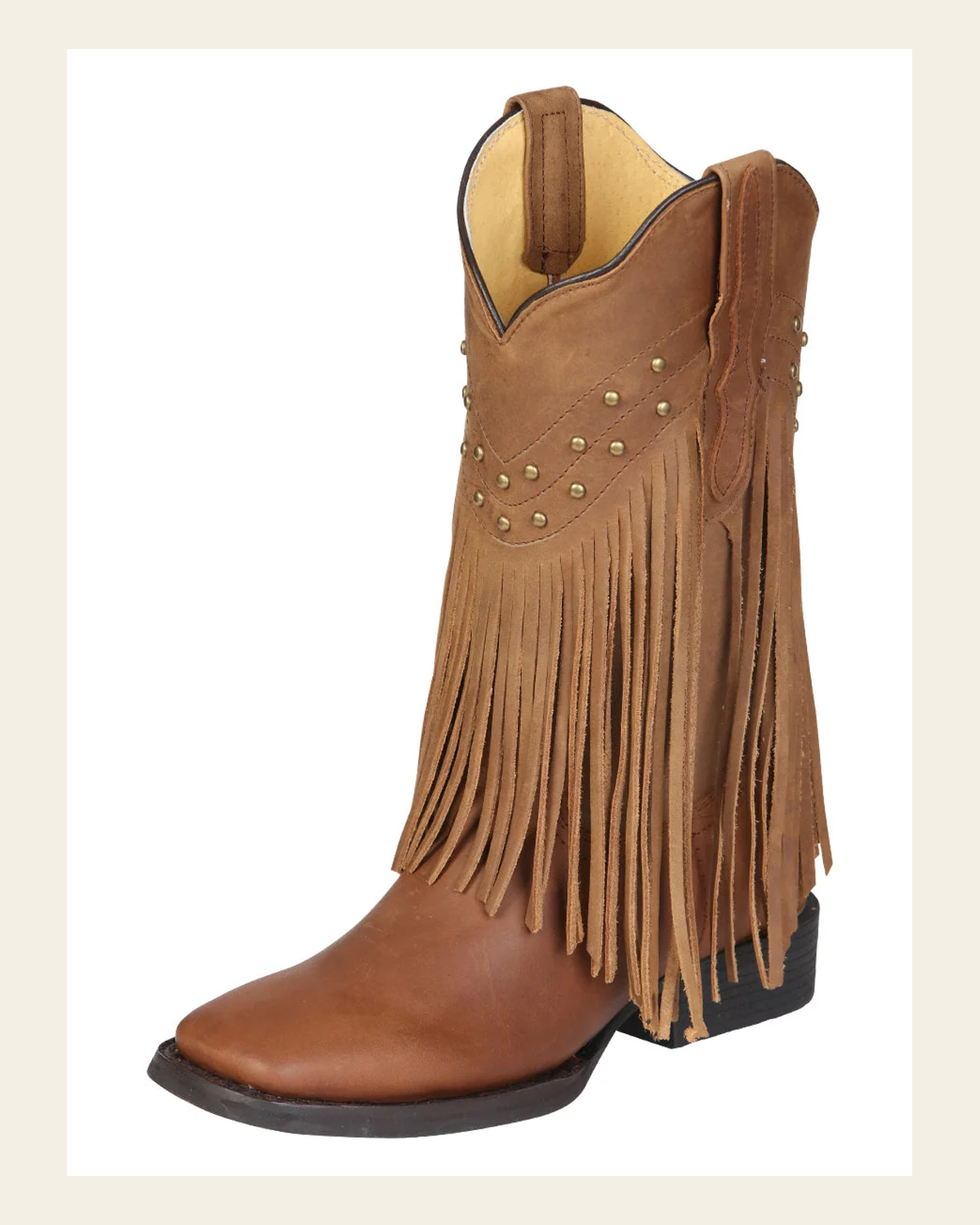 El General Women’s Leather Fringe Western Boots - Made in Mexico - Honey 45799 on a warm cream background
