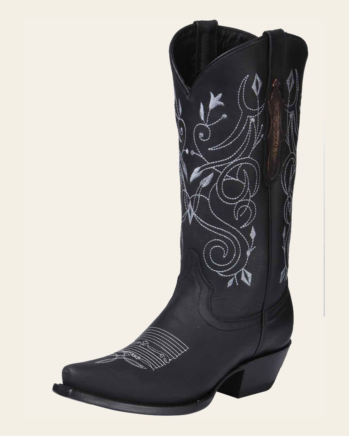 El General Women’s Leather Cowgirl Boots - Made in Mexico - Black 34514 on a warm cream background