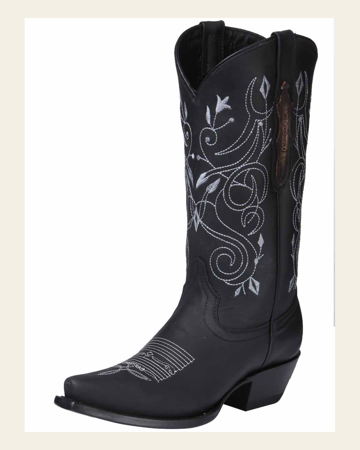 El General Women’s Leather Cowgirl Boots - Made in Mexico - Black 34514 on a warm cream background