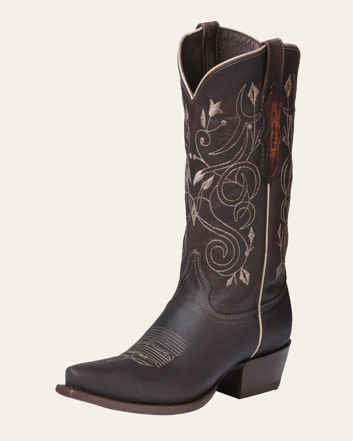 El General Women’s Leather Cowgirl Boots - Made in Mexico - Chocolate 34511 on a warm cream background