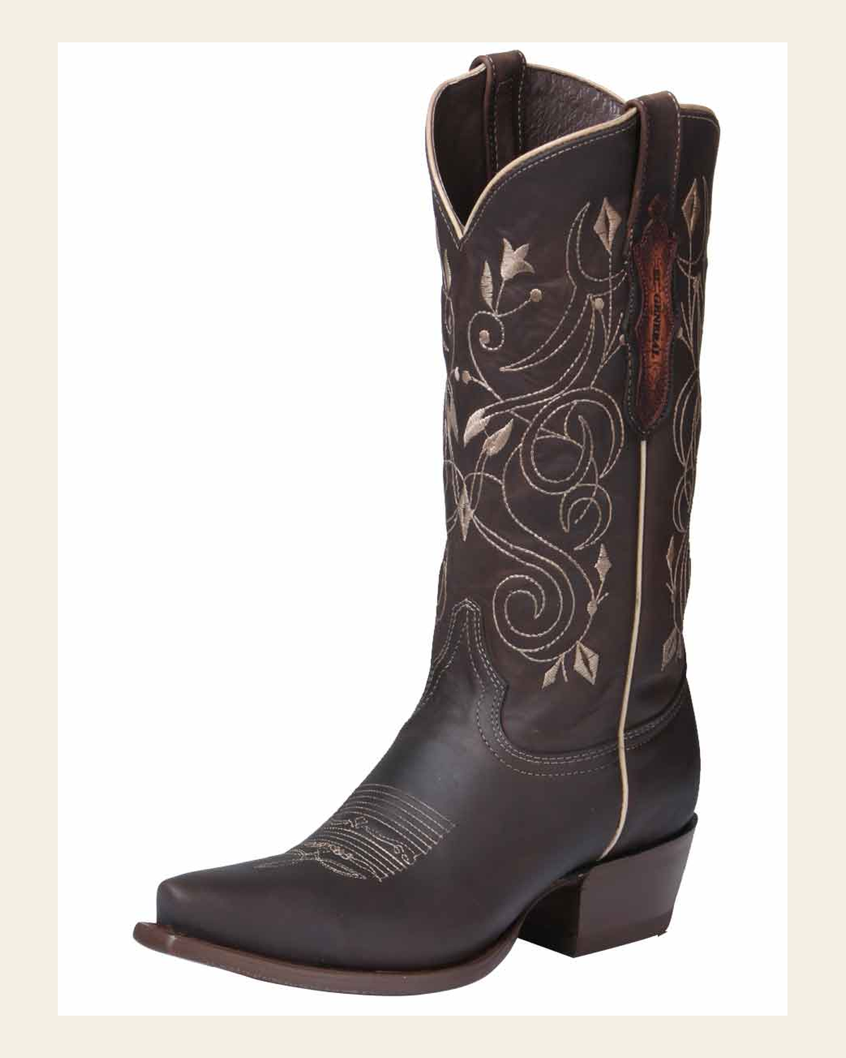 El General Women’s Leather Cowgirl Boots - Made in Mexico - Chocolate 34511 on a warm cream background