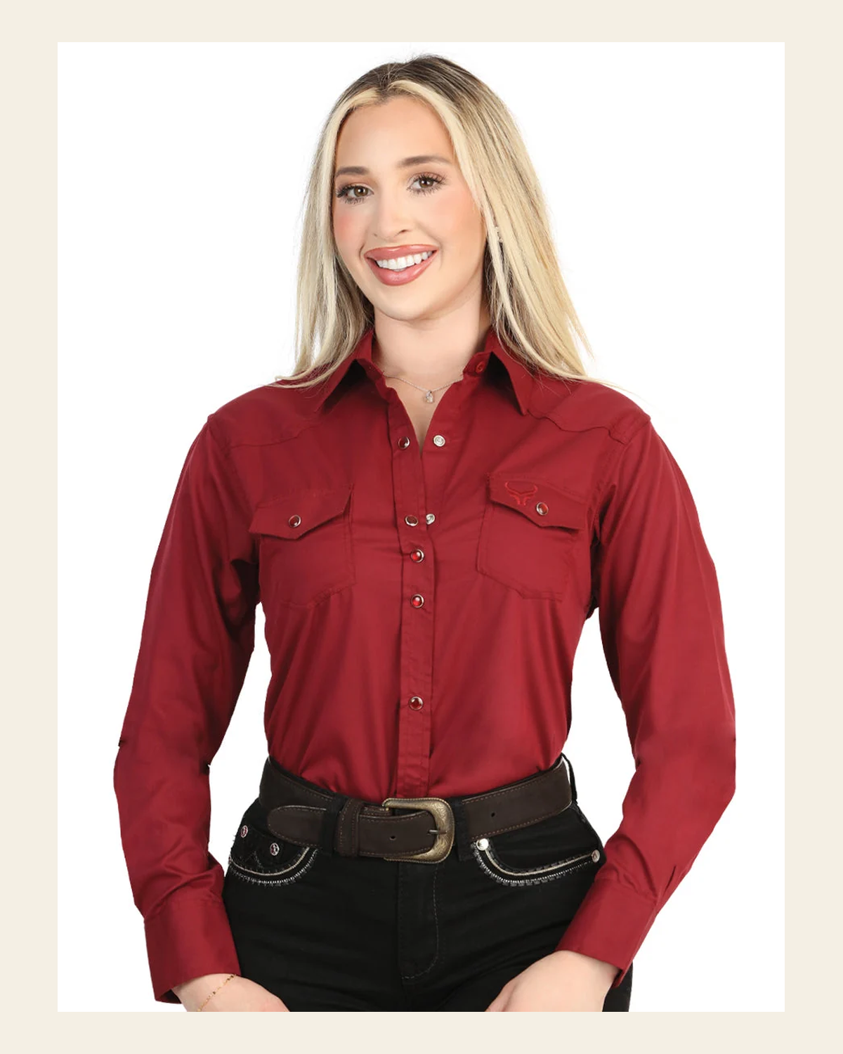 El General Women’s Long Sleeve Western Shirt - Burgundy Stretch 45622 on a warm cream background