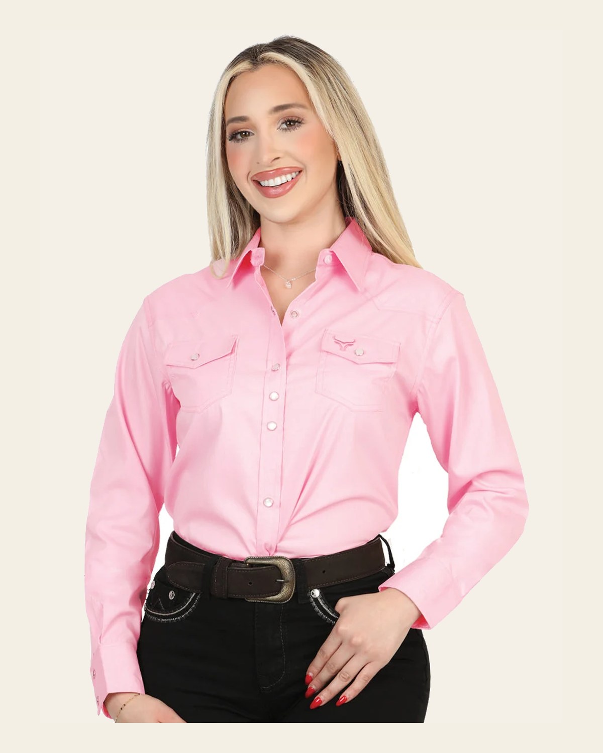 El General Women’s Long Sleeve Western Shirt - Light Pink Stretch 45621 on a warm cream background