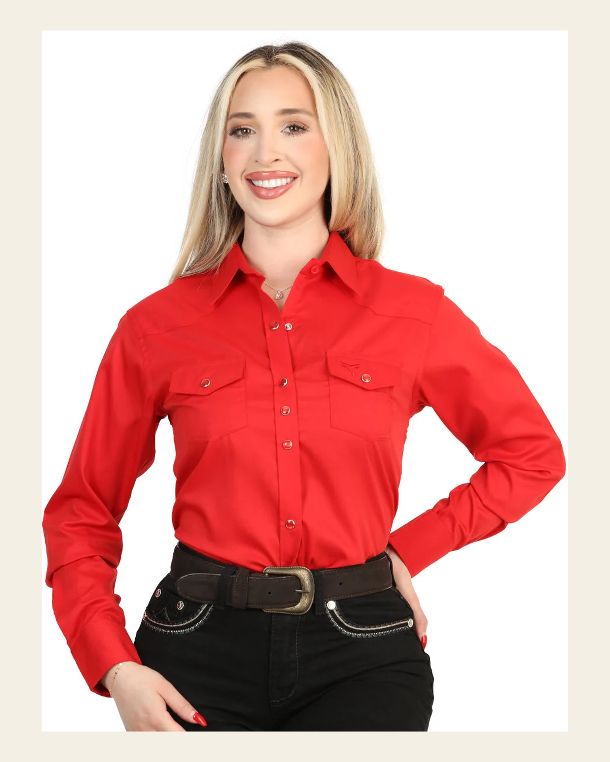 El General Women’s Long Sleeve Western Shirt - Red Stretch 45620 on a warm cream background