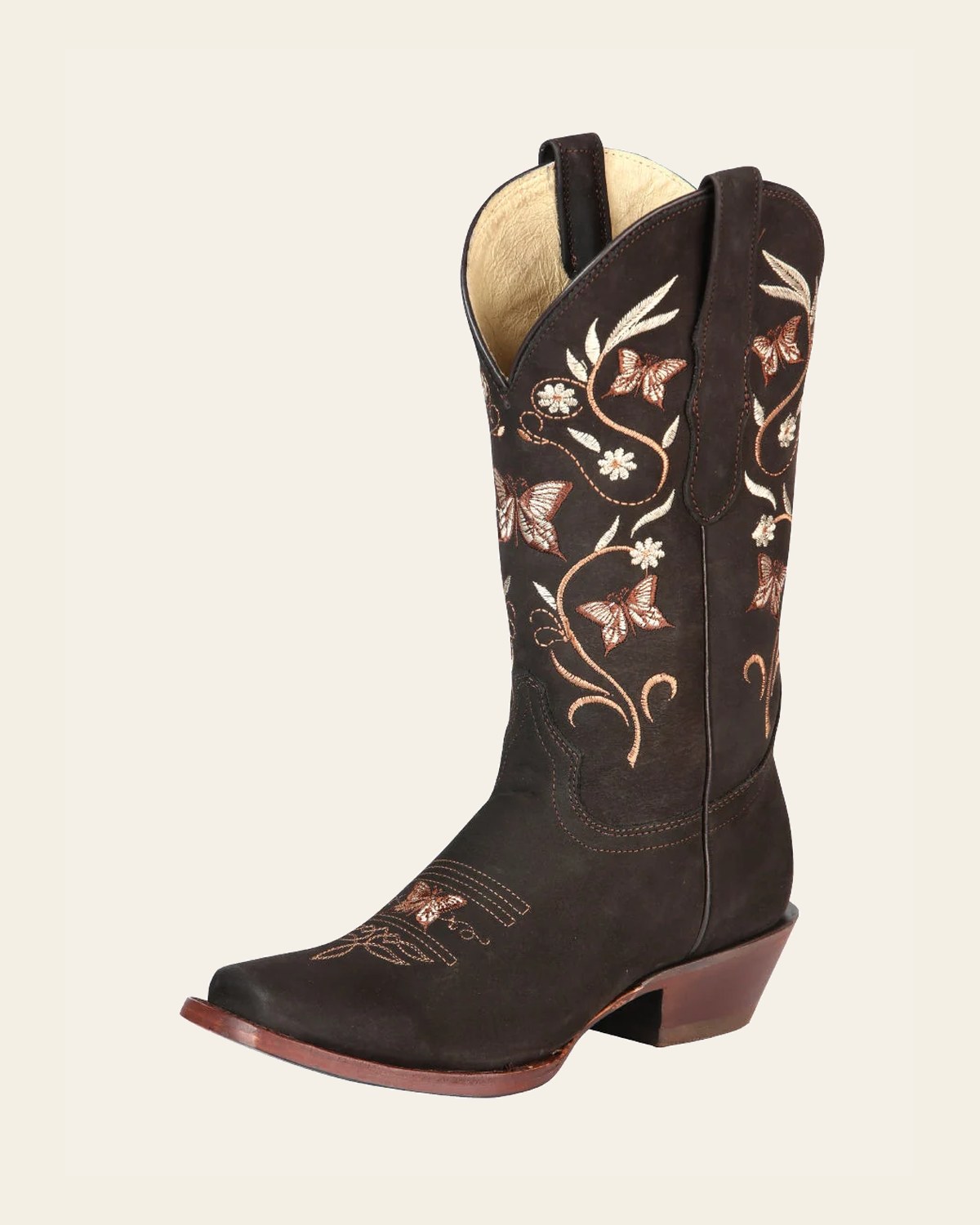El General Women’s Leather Cowgirl Boots - Made in Mexico - Nubuck Brown 51227 on a warm cream background
