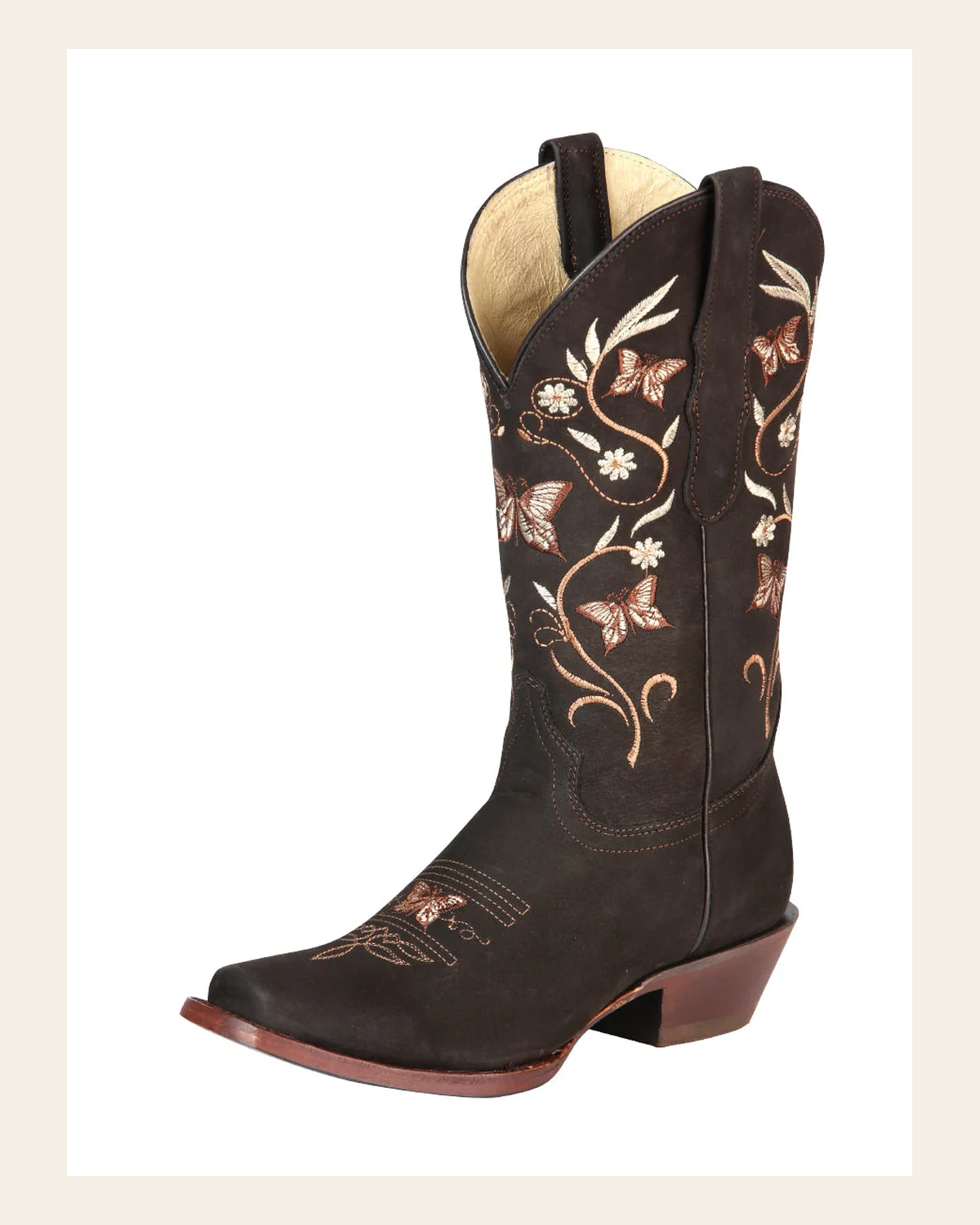 El General Women’s Leather Cowgirl Boots - Made in Mexico - Nubuck Brown 51227 on a warm cream background