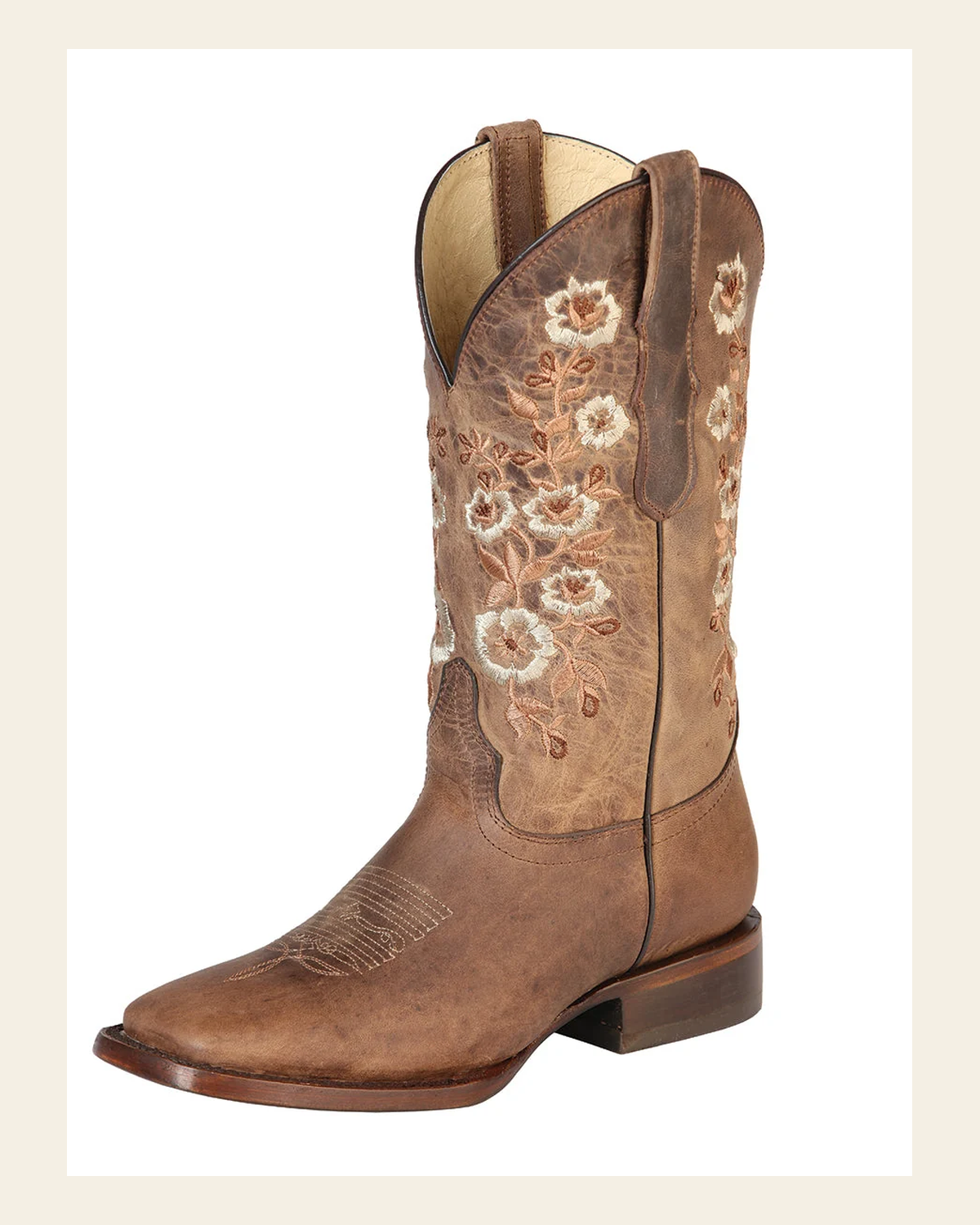 El General Women’s Leather Cowgirl Boots - Made in Mexico - Orix Brown 51231 on a warm cream background