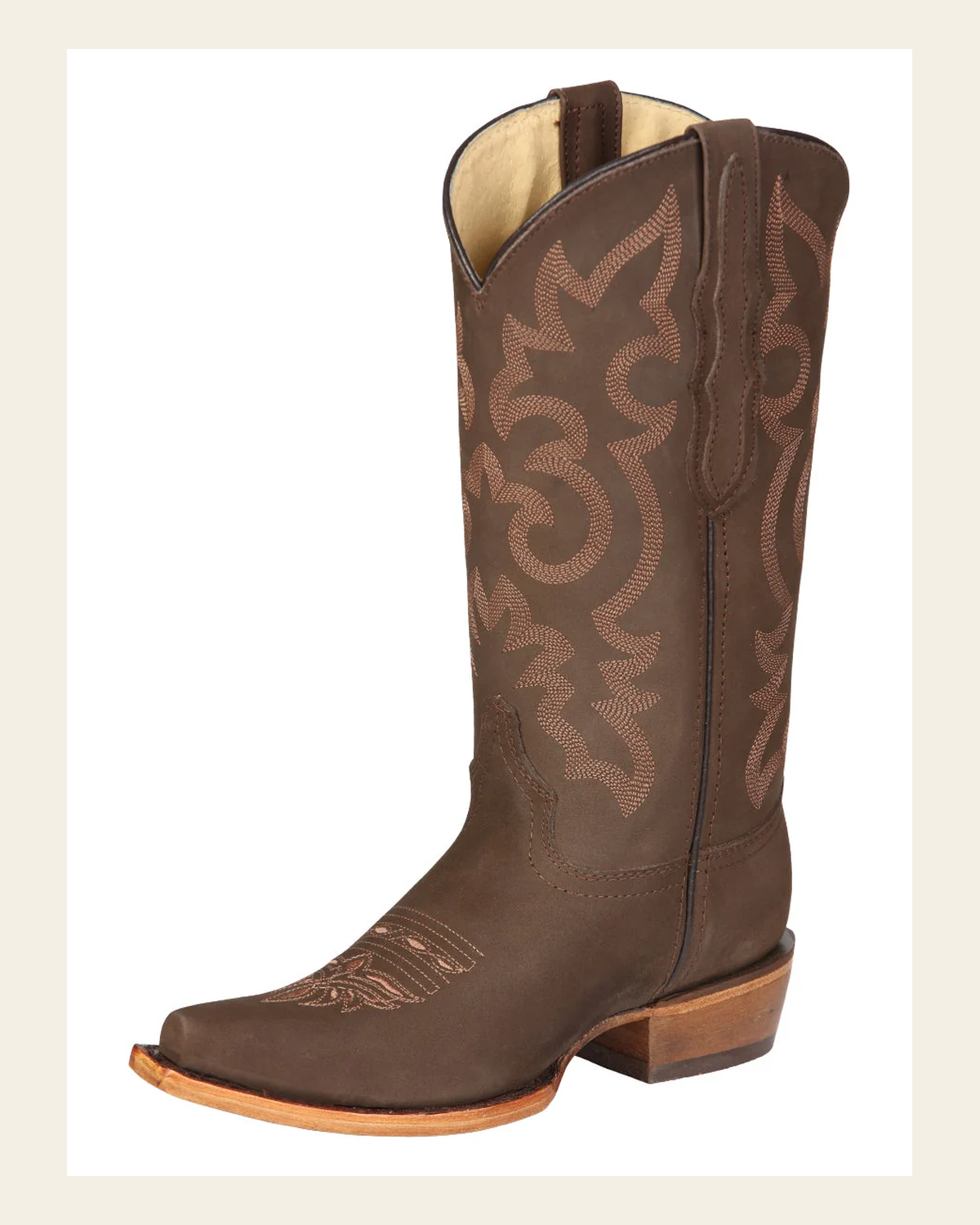 El General Women's Leather Cowboy Boots - Made in Mexico - Nubuck Camel Brown 45778 on a warm cream background